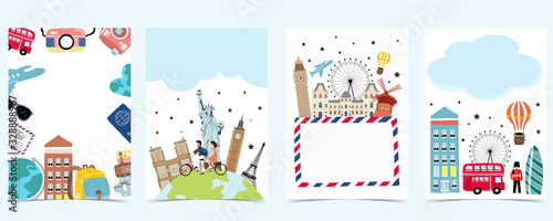 Travel to world background set in europe,america.Editable vector illustration for website, invitation,postcard and sticker.include wording enjoy your journey, adventure time