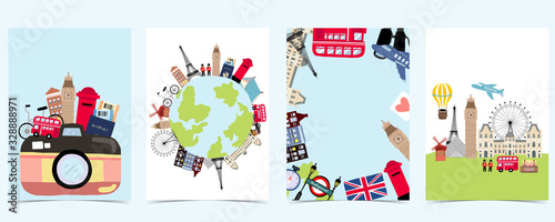 Travel to world background set in europe,america.Editable vector illustration for website, invitation,postcard and sticker.include wording enjoy your journey, adventure time