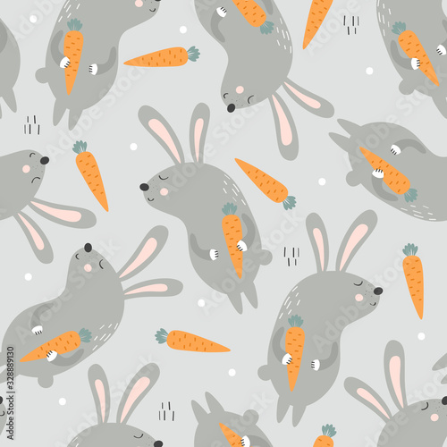 Rabbits with carrots, hand drawn backdrop. Colorful seamless pattern with animals, food. Decorative cute wallpaper, good for printing. Overlapping colored background vector