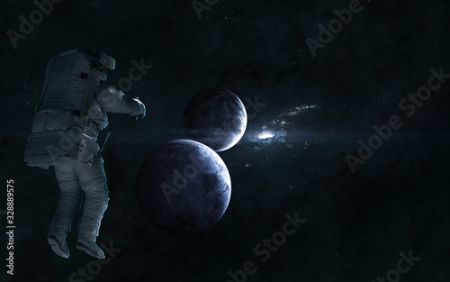 Cosmic landscape. Astronaut, planets on background of blue galaxy in deep space. Nebulae, star clusters. Science fiction. Elements of this image furnished by NASA