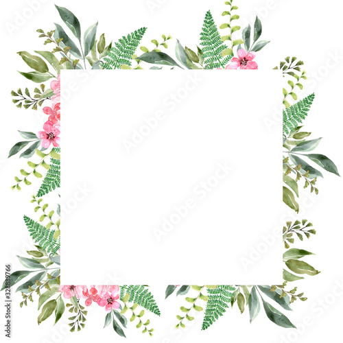 Watercolor flower frames of various shapes. Flowers, leaves and buds. Designs for postcards, invitations, and graphic design