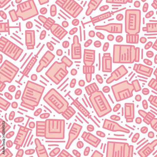 Medical doodle vector seamless pattern. Tablets, capsules, vitamins, syringes, vials