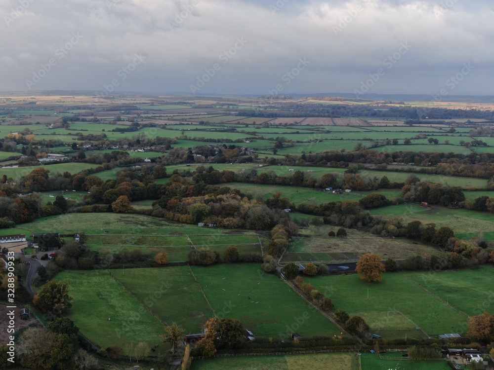 aerial view of the countryside near Corfe Mullen , Dorset looking over the fields and rolling landscape towards the North