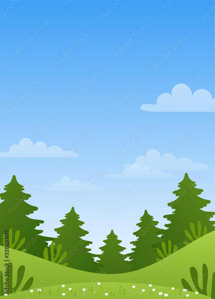 Fototapeta premium Modern spring meadow with green grass and wildflowers. Poster with summer landscape, coniferous forest, blue sky with clouds. Simple vector illustration.