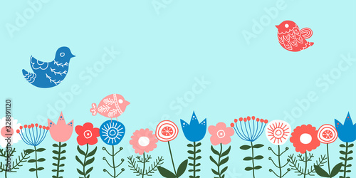 Colorful vector ethnic hand drawn spring background with flowers and birds. 