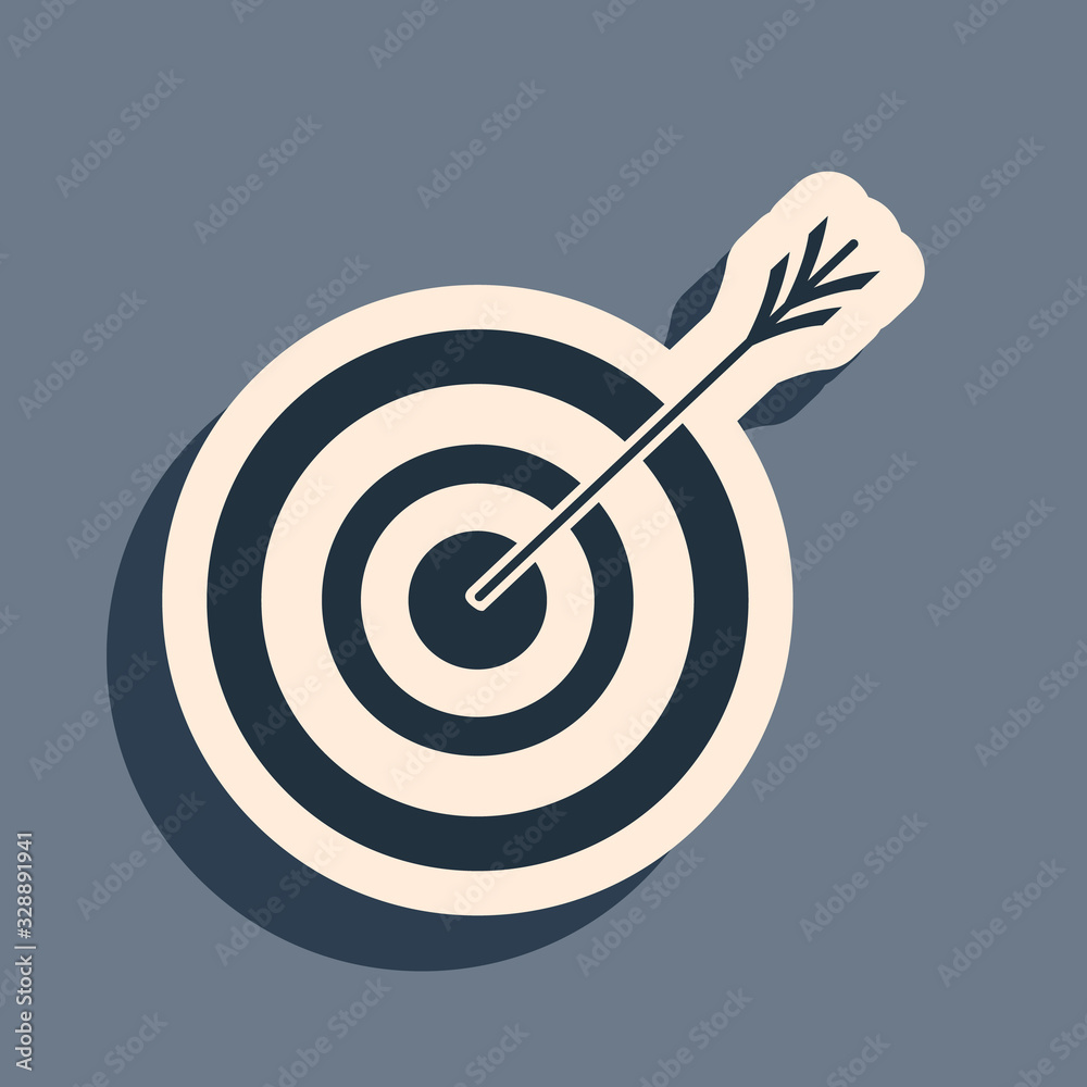 Black Target with arrow icon isolated on grey background. Dart board sign. Archery board icon. Dartboard sign. Business goal concept. Long shadow style. Vector Illustration Black Target with arrow icon isolated on grey background. Dart board sign. Archery board icon. Dartboard sign. Business goal concept. Long shadow style. Vector Illustration