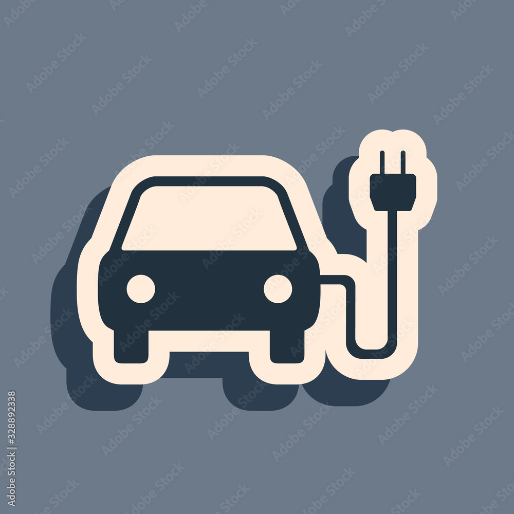 Black Electric car and electrical cable plug charging icon isolated on grey background. Electric car charging sign. Renewable eco technologies. Long shadow style. Vector Illustration