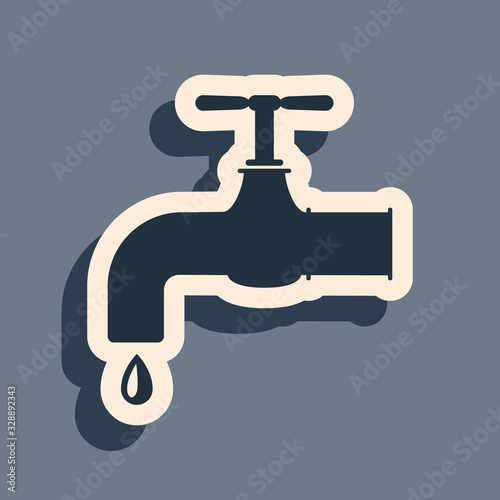 Black Water tap with a falling water drop icon isolated on grey background. Long shadow style. Vector Illustration