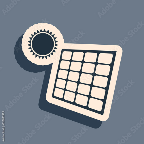 Black Solar energy panel and sun icon isolated on grey background. Long shadow style. Vector Illustration