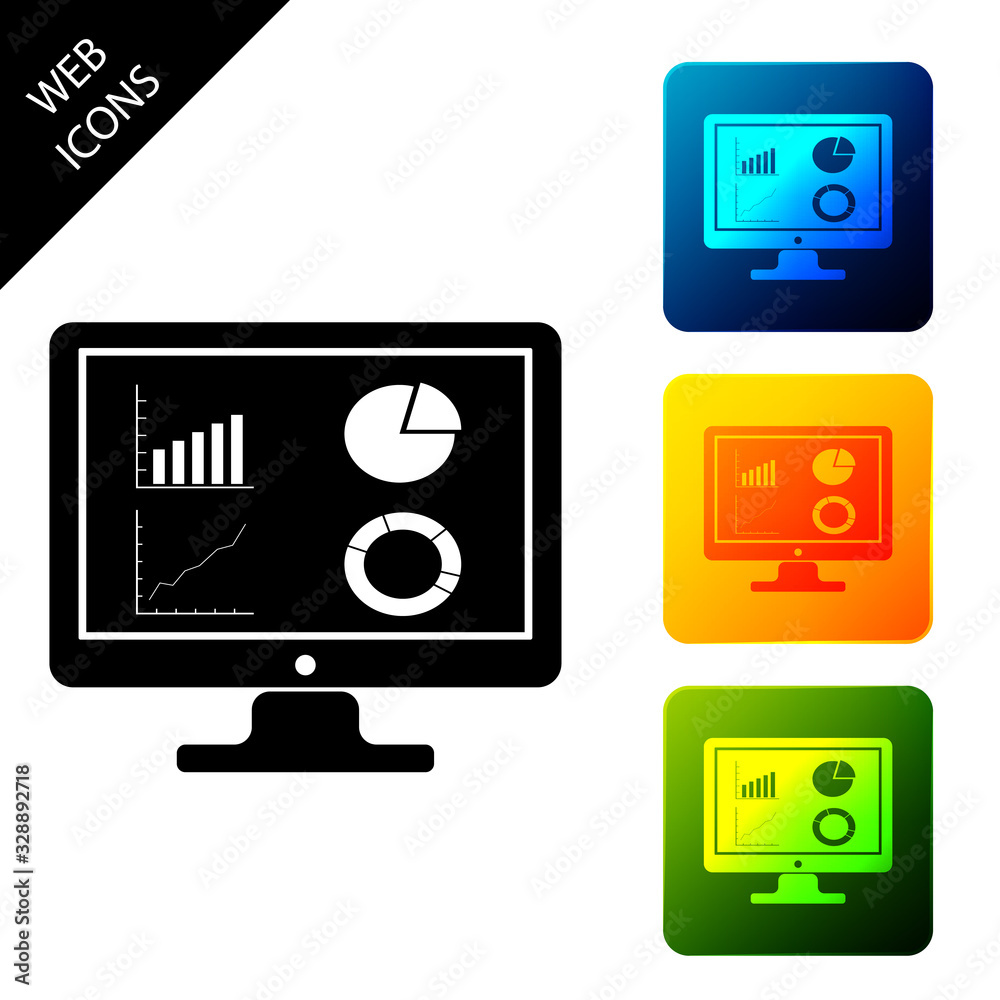 Black Computer monitor with graph chart icon isolated on white background. Report text file icon. Accounting sign. Audit, analysis, planning. Set icons colorful square buttons. Vector Illustration Black Computer monitor with graph chart icon isolated on white background. Report text file icon. Accounting sign. Audit, analysis, planning. Set icons colorful square buttons. Vector Illustration