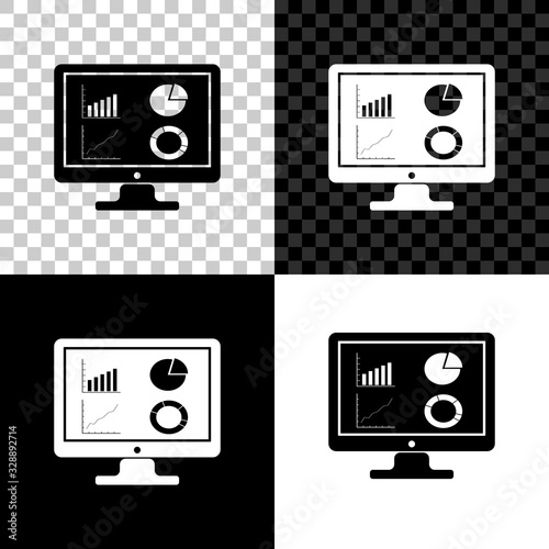 Set Computer monitor with graph chart icon isolated on black, white and transparent background. Report text file icon. Accounting sign. Audit, analysis, planning. Vector Illustration
