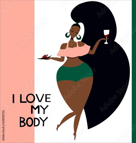 Confident girl in swimsuit love yourself vector flat illustration. Cartoon bodypositive woman enjoying body care isolated on white. Concept of self appreciation and acceptance