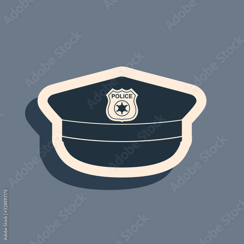 Black Police cap with cockade icon isolated on grey background. Police hat sign. Long shadow style. Vector Illustration
