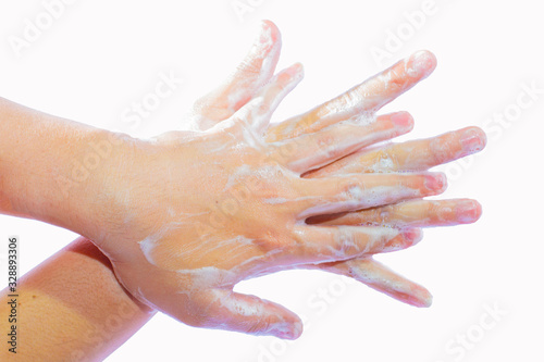 Step 3  Hand washing medical procedure. Isolated on white background.