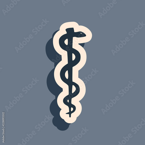 Black Rod of asclepius snake coiled up silhouette icon isolated on grey background. Emblem for drugstore or medicine, pharmacy snake symbol. Long shadow style. Vector Illustration