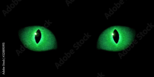 Green cat eyes, composed from light particles. Vector illustration.