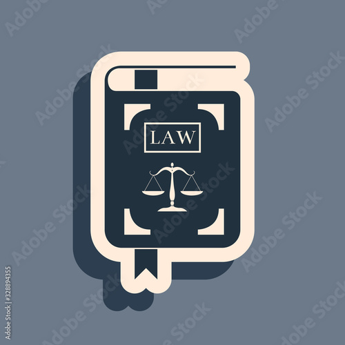 Black Law book statute book with scales of justice icon isolated on grey background. Long shadow style. Vector Illustration