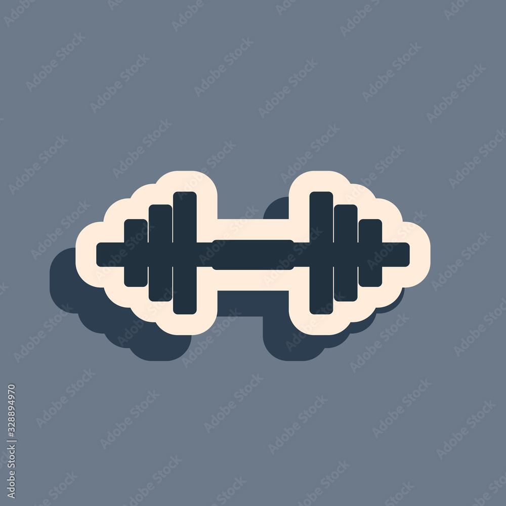 Black Dumbbell icon isolated on grey background. Muscle lifting icon, fitness barbell, gym icon, sports equipment symbol, exercise bumbbell. Long shadow style. Vector Illustration Black Dumbbell icon isolated on grey background. Muscle lifting icon, fitness barbell, gym icon, sports equipment symbol, exercise bumbbell. Long shadow style. Vector Illustration
