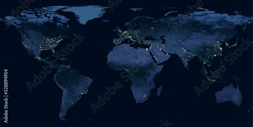 Earth at night, world map with city lights showing human activity in North America, Europe and East Asia from space. Elements of this image furnished by NASA.
