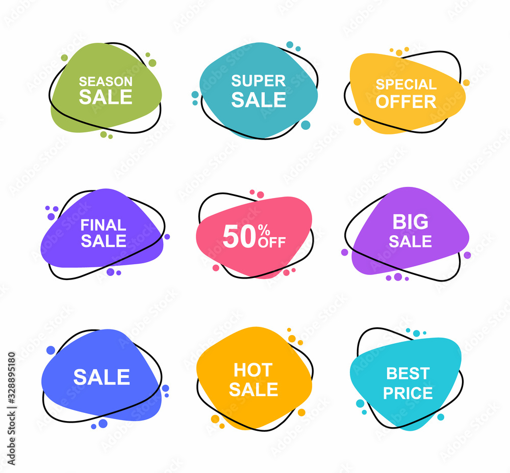 Super set different shape hand drawn flat banners. Sale tags set badges template 20, 25, 30, 35, 45, 50, 60, 75, 85 percent off . Discount promotion