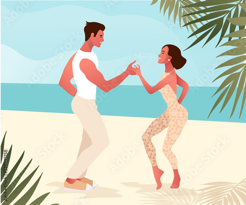 Salsa on a beach, summer dance party. Beautiful young couple dancing outdoor. People in love, dating. Vector illustration cartoon style. Dance studio design template.