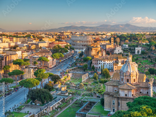 Photography last sun lights above roman forum in Rome