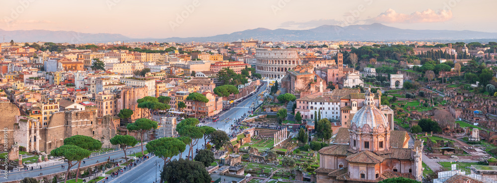 panorama of old Rome in sunset time