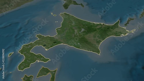 Hokkaido, circuit with its capital, zoomed and extruded on the satellite map of Japan in the conformal Stereographic projection. Animation 3D