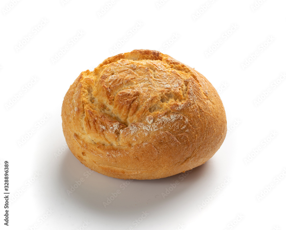 One Round Golden Bun Isolated on White Background