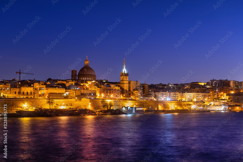 Valletta City Skyline At Night In Malta