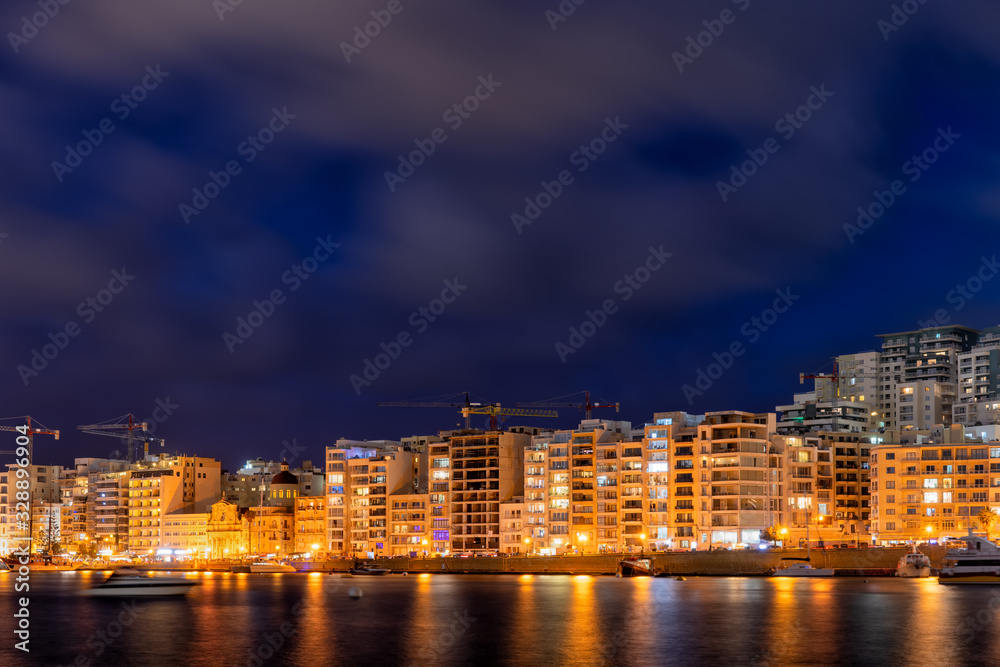 Sliema Town Skyline At Night In Malta
