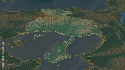 Hyōgo, prefecture with its capital, zoomed and extruded on the relief map of Japan in the conformal Stereographic projection. Animation 3D photo