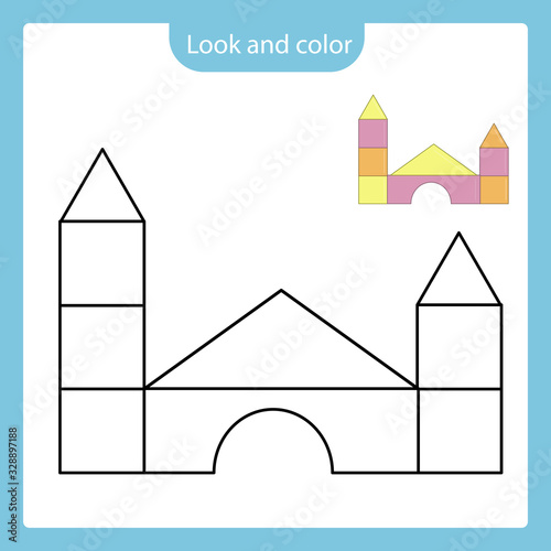 Coloring page outline of castle out of blocks toy with example.