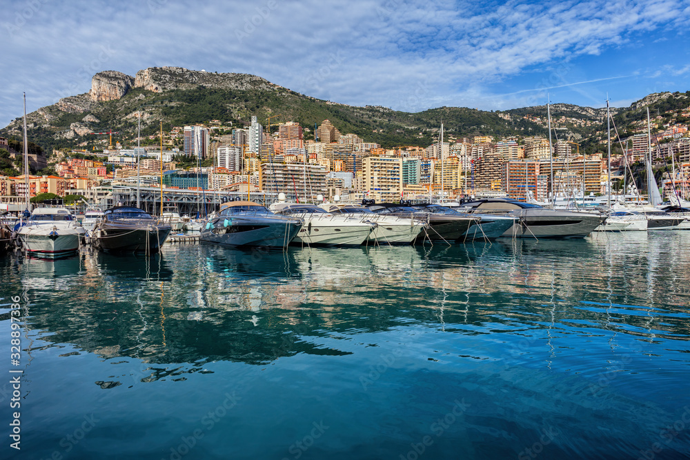 Monaco Principality Yacht Harbour And City Skyline