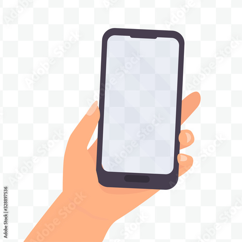 Hand holding smartphone illustration. Smartphone with transparent screen. Space for your text or image. Stock vector.