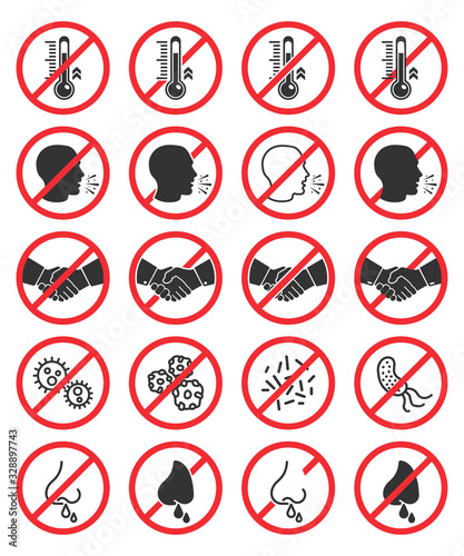 Set of prohibiting icons. No cough, no handshake, no runny nose, no fever, no virus
