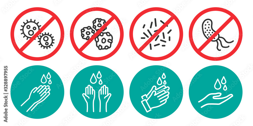 Set of washing hands and no virus icons in four different versions in a flat design. Vector illustration