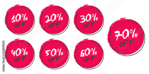 Set of grunge sticker with 10, 20, 30, 40, 50, 60, 70 percent off in a flat design with halftone. For sale, promotion, advertising