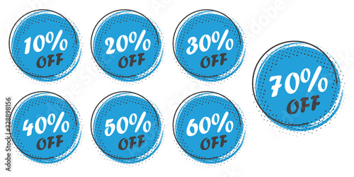 Set of grunge sticker with 10, 20, 30, 40, 50, 60, 70 percent off in a flat design with halftone. For sale, promotion, advertising