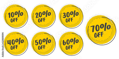 Set of grunge sticker with 10, 20, 30, 40, 50, 60, 70 percent off in a flat design with halftone. For sale, promotion, advertising