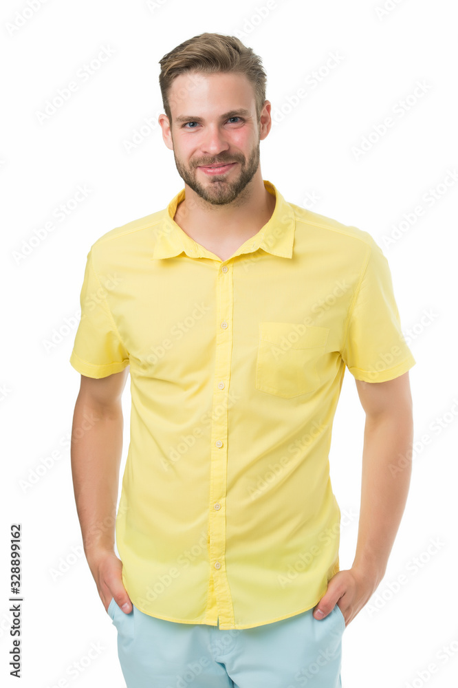 Fototapeta premium handsome smiling man. friendly shop assistant. best manager for you. man with bristle isolated on white. male beauty and fashion. Handsome man posing. happy university student