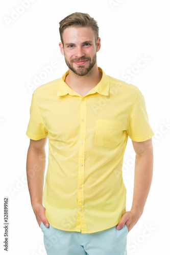 Wallpaper Mural handsome smiling man. friendly shop assistant. best manager for you. man with bristle isolated on white. male beauty and fashion. Handsome man posing. happy university student Torontodigital.ca