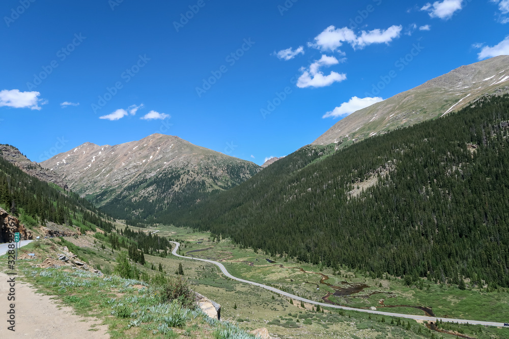 High angle landscape of road in the mountains of Colorado
