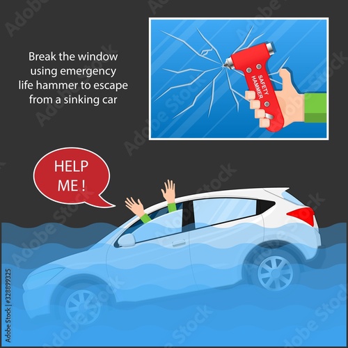 Escape submerged car sinking accident vehicle water dangerous flooded seatbelt damaged Break window tool seat belt driver