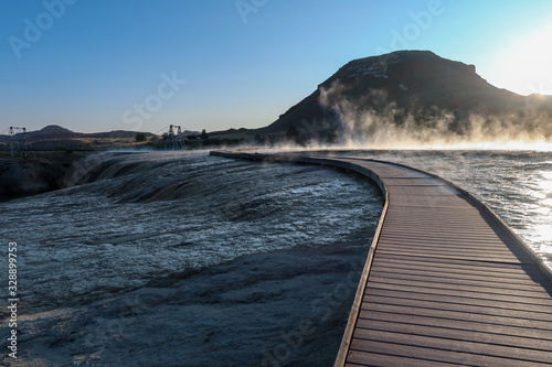 Landscape of wooden pathway over travertine terrace at Hot Springs State Park in Thermopolis, Wyoming