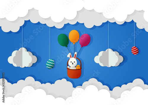 happy easter day on the sky background. paper art style. vector Illustration.