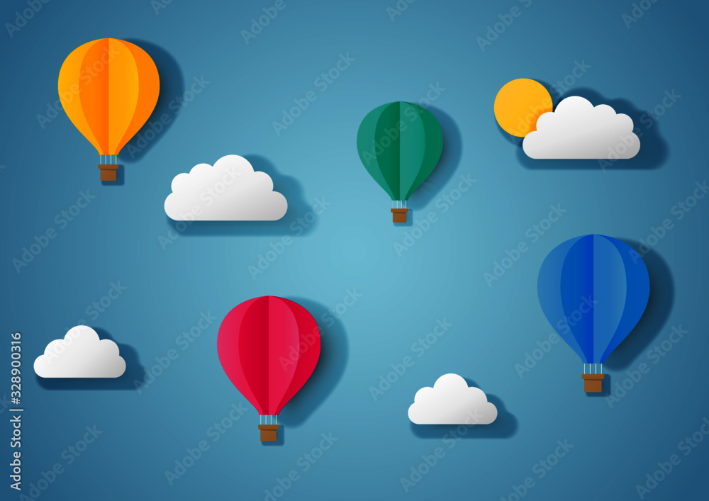 paper art travel with balloon flying background. vector Illustration.