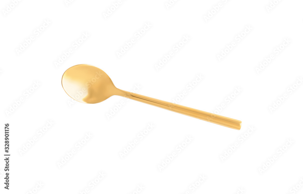 Clean golden spoon isolated on white, top view Clean golden spoon isolated on white, top view