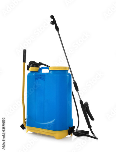 Manual insecticide sprayer isolated on white. Pest control