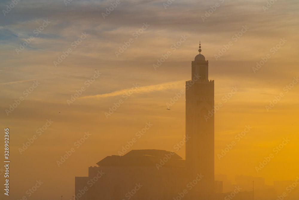 scenic view of Hassan II Mosque at sunrise - Casablanca, Morocco